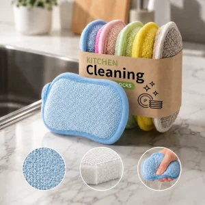 Custom Package Non Scratch Microfiber Kitchen Sponge OEM Scouring Pads Absorbent Double Sided Scrub Sponge for Dishes