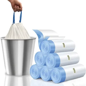 Custom Plastic Bag with String Heavy Duty PE Drawstring Trash Bags Roll Tear Free Leakproof Strong Garbage Can Liners White