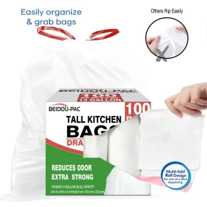 Custom Plastic PE 13 Gallon Free Tie White Kitchen Trash Bags Multifold Roll White Liner Garbage Bin Trash Bags with Drawstring