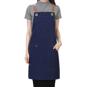 Custom Reusable Blue Polyester Cotton Canvas Sleeveless Apron Adjustable Waist Multiple Pockets Waterproof Durable High Quality