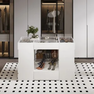 Custom Solid Wood Closet Island Chest of Drawers with Glass Top, Detachable Glass Shelf, Showcase, and LED Light