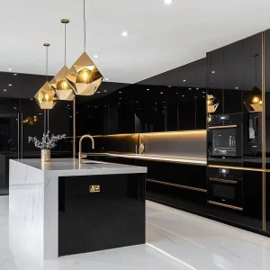 Custom Villa Large High Gloss Lacquer Modern Modular Kitchen Wall Cabinet Complete Sets with Kitchen Island
