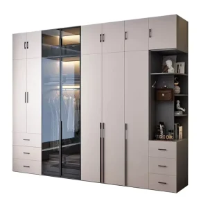 Custom Wooden Wardrobe Cabinet with Glass Swing Doors