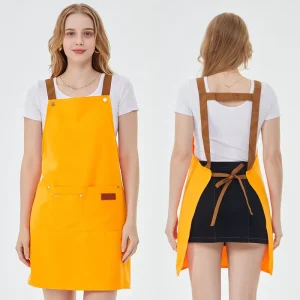 Customizable 100% Cotton Canvas Bib Double Pocket Waterproof Oil Proof Brown Sleeved Apron with Embroidered Logo Multiple Colors