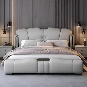Customizable Genuine Leather Bed with Thick Cushioned Headboard