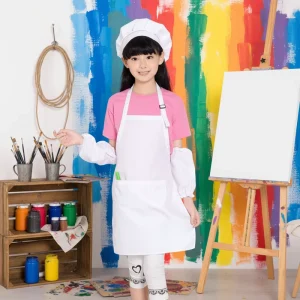 Customized Logo Color White Kids Apron Chef Hat Keep Clean Pocket DIY Cooking Baking Kids Apron Set with Hat Sleeves