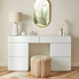 Customized Minimalist Vanity Desk with High Gloss Melamine, White Glass, and 6 Drawers