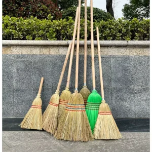 DS4892 Soft Straw Broom for Cleaning Dustpan Indoor Outdoor Sweeping Dust Brush Woven Broom Wooden Handle Whisk Broom