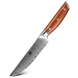 Damascus Steel Kitchen Steak Knives, 5 Inch, Carbon Steel with Rosewood Handle
