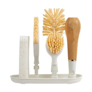 Dish Scrub Sponge, Bamboo-Handle Bottle Brush, and Dish Brush Set with Storage Holder