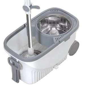 Double Drive Spin Mop Set With Wheeled Mop Bucket Drain Valve Stainless Steel Basket for Household Floor Cleaning