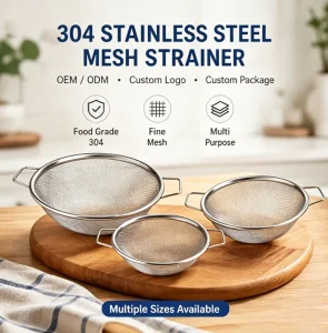 Double-Ear 304 Stainless Steel Fine-Mesh Wide-Rim Strainer Basin for Washing Rice, Fruit, and Vegetables