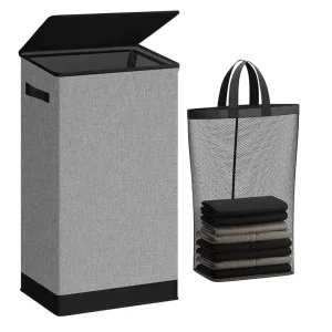 Double Laundry Hamper with Waterproof Lid Removable Polyester Bags Collapsible Dirty Clothes Basket