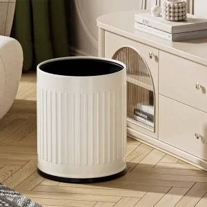 Double Layer Metal Waste Bin Round Trash Can White Striped Large Capacity Open Top Garbage Bin for Living Room Kitchen Office