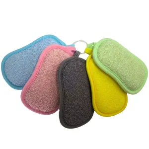 Double Sided 5 Piece Cleaning Scouring Pad Set with One Soft Superfine Fiber Side and Frosted Cleaning Layer