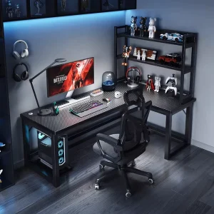 Double Wood Panel Home Office Desk with Corner Bookshelf