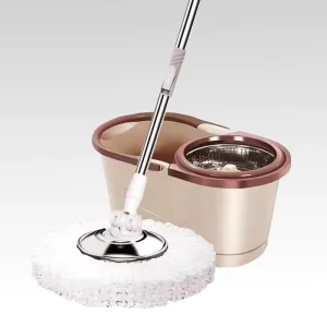 Double drive Rotating Mop Set with Stainless Steel Bucket Microfiber Mop Pad Extendable Handle Easy Use