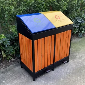 Dual Compartment Outdoor Waste Bin Wooden Panel Steel Frame Pedal Waste Bin Open Lid Recycling and General Waste