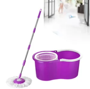 Dual Drive Spin Mop Bucket Set Purple Plastic With Stainless Steel Pole 360° Rotating Microfiber Head For Wet Dry Floor Cleaning
