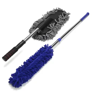 Dual Head Car Cleaning Duster Kit Soft Chenille Microfiber Wash Brush with Retractable Stainless Steel Handle Vehicle Wax Duster