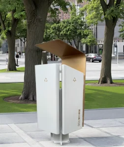 Dual Open Top Recycling Bin Triangle Design Galvanized Steel Waste Sorting Bin with Two Compartments for Public Parks Streets
