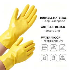 Durable Eco Friendly Powder Free Yellow Rubber Waterproof Gloves for Dishwashing Kitchen Cleaning