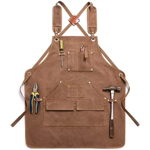 Durable Heavy Duty Unisex Canvas Work Apron with Tool Pockets Cross Back Straps Adjustable for Woodworking Painting