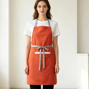Durable Orange Canvas Bib Apron with Grey Adjustable Straps Front Pocket Kitchen Cooking Baking for Men Women