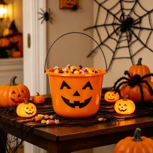 Durable Plastic Round Jack O Lantern Bucket Halloween Decoration Reusable Waterproof Biodegradable Personalized for Indoor Use