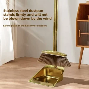 Durable Stainless Steel Broom Aluminum Broomstick and Serrated Gold Dustpan Set for Home Indoor Outdoor Cleaning