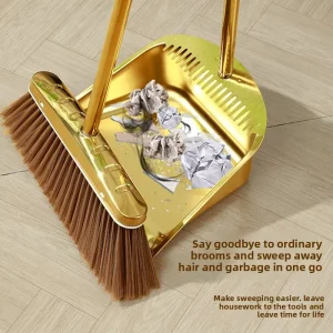 Durable Stainless steel Broom and Serrated Gold Dustpan Set for Home Indoor Outdoor Cleaning