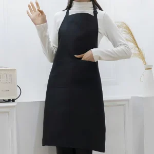 Durable Waterproof Black Apron With Without Pockets Adjustable Neck Tie Polyester Work Apron for Home Kitchen Coffee Shop Staff