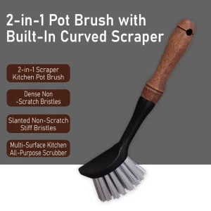 Durable Wooden Handle Pot Brush with Angled Head Dish Pan Cleaning Brush Dense Bristles Kitchen Cleaner for Home Use