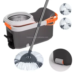 Easy Wring Spin Mop and Bucket Set with Stainless Steel Basket and Wheels for Home Floor Cleaning System
