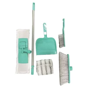 Eco Friendly 6 Piece House Cleaning Kit with Flat Microfiber Mop Broom Brush and Dustpan