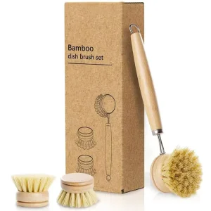 Eco Friendly Bamboo Dish Brush with Long Handle and Replaceable Heads for Kitchen Cleaning and Washing Bowls and Pots