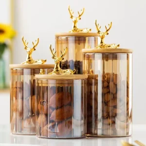 Eco Friendly Luxury Deer Head Striped Glass Classic Multifunction Storage Jar Covers Clear Household Kitchen Dried Fruit Coffee