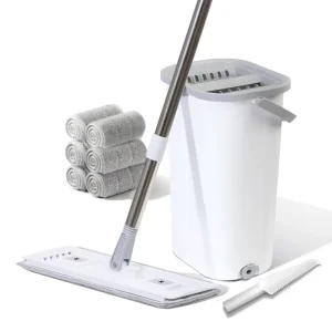Eco-Friendly Mop Bucket Set Steel Telescopic Handle Four-Side Wringing Microfiber Mop Kit 2 Mopheads for Kitchen Bathroom