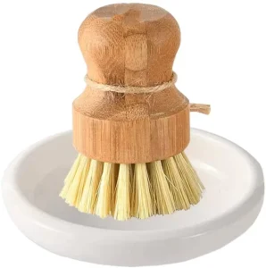 Eco-Friendly Sisal Bristle Cleaning Brush with Bamboo Handle and Wooden Holder
