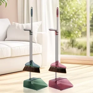 EcoClean Indoor Outdoor Cleaning Long Bristle Steel Handle Plastic Angle Deck Lobby Broom and Dustpan Kit