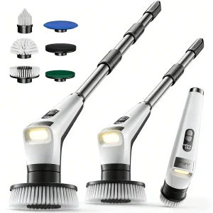 Electric Cleaning Brush 4 Brush Heads Long Extendable Handle Plastic Construction Cordless Rechargeable Household Bathroom Use