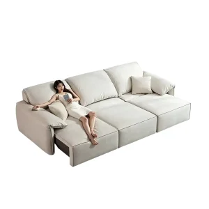 Electric Convertible Three Seat Fabric Sofa Bed Wood Legs Living Room Simple Elephant Ear Extendable Multifunctional Apartment