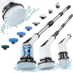 Electric Cordless Stainless Steel Cleaning Brush with 8 Replaceable Heads Dual Speed 360 Rotation Adjustable