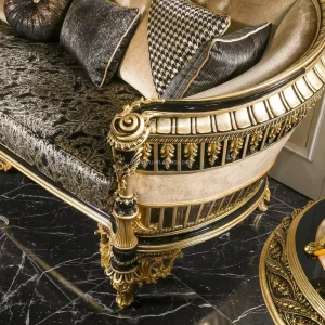 European Antique Sectional Sofa Set with Solid Wood Legs and Gold Foil, Vintage Style
