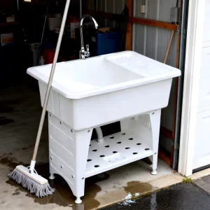 European Modern Farmhouse Style Indoor Outdoor Rectangular Washtub Drain PP Utility Sink with Drainer and Bathroom Accessory