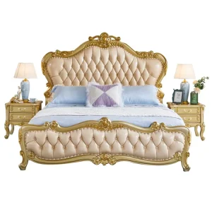 European Style 1.8 m Queen Bed Set with Leather Upholstery, Solid Wood Carving, and Champagne Gold Finish
