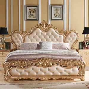European-Style French Leather Double Bed with Carved Solid Wood Frame