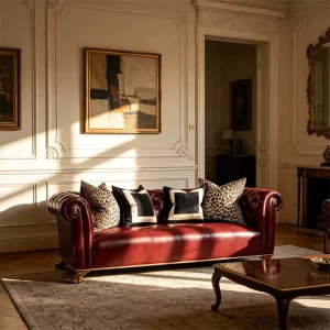 European Style Solid Wood Frame 3-Seater Antique Sofa Set Upholstered Wine-Red Leather Sofas for Living Room