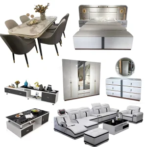 European Wooden Furniture Set with Sofa, Dining Table, Chairs, Bed and Nightstand