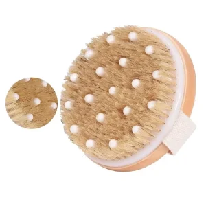 Exfoliating Round Brush Wooden Boar Bristle Cleaning Massage Brush Bath Body Scrub Dry Brush Bath Scrubber with Massage Nodules